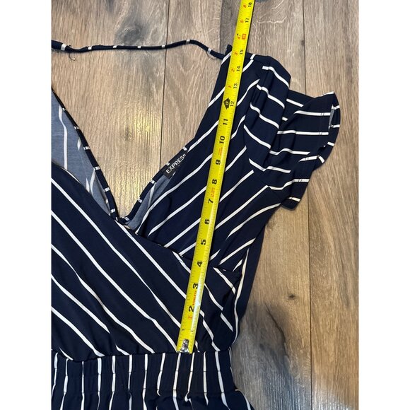 Navy & White Striped Jumpsuit Express XS Short Sleeves V-Neck & Elastic Waist - Picture 3 of 10